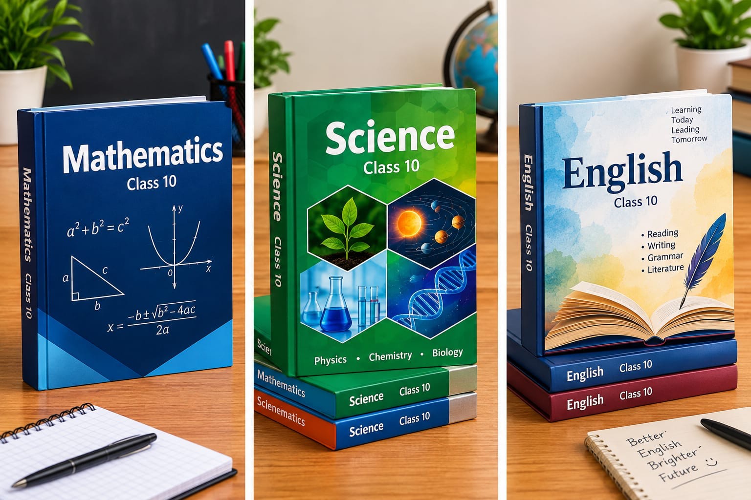 Maths, Science and English textbooks for Class 10